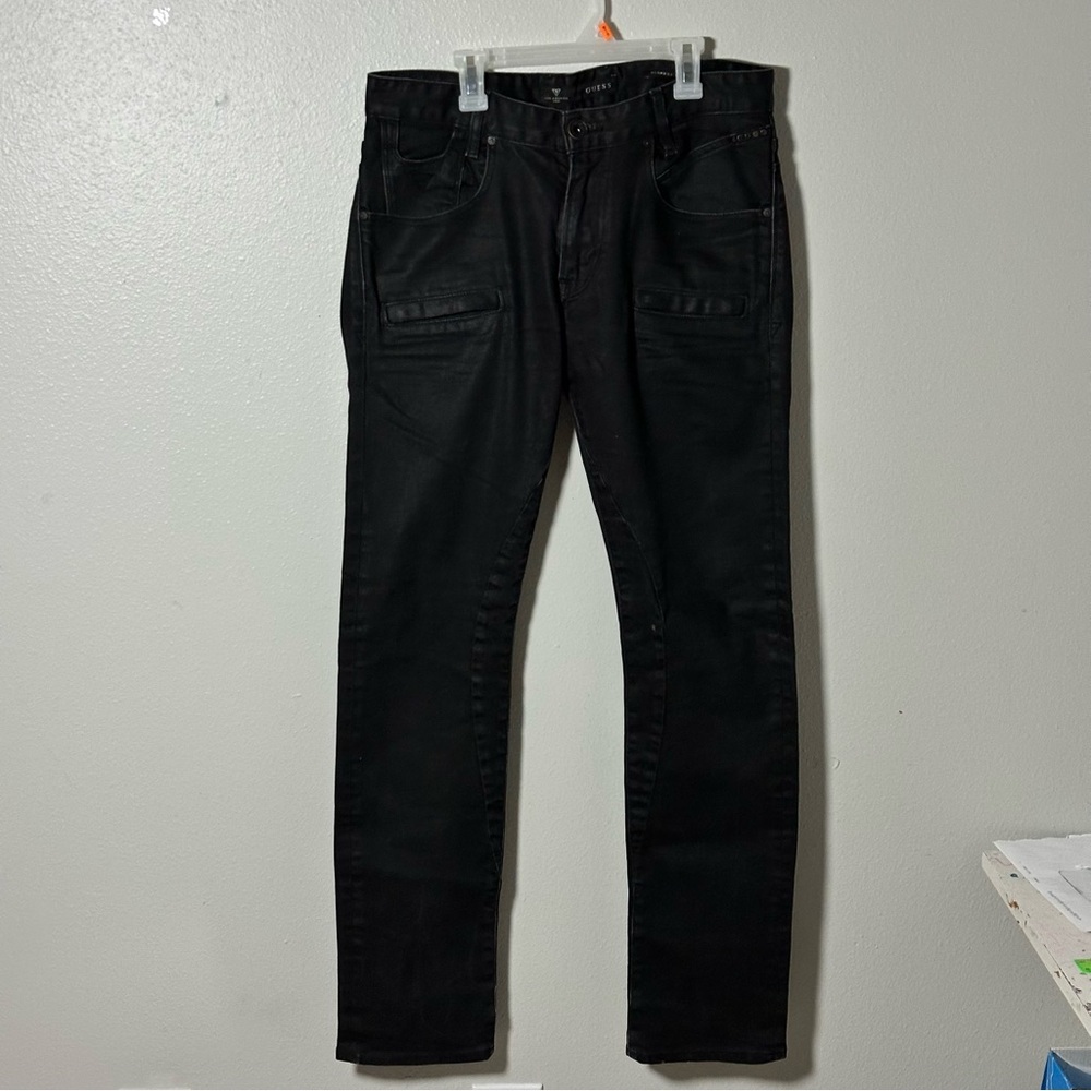 Guess Men's Denim Black Alameda Slim Tapered Moto Jeans Coated size 32‎